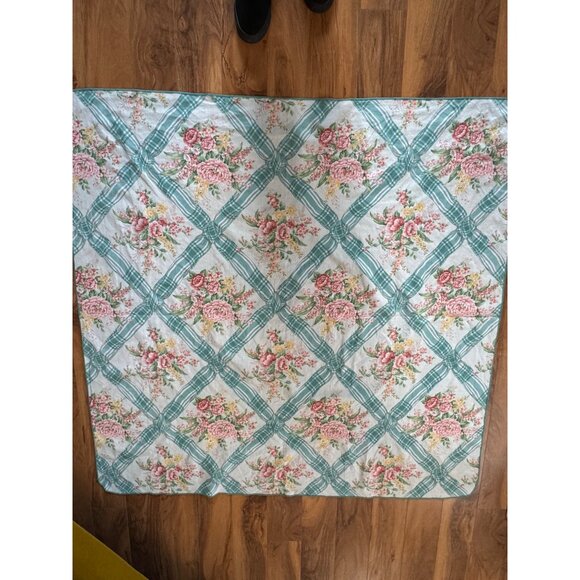 Vintage Floral & Plaid Quilted Cotton Tablecloth 52"x 56" Cottagecore Style - Picture 2 of 5